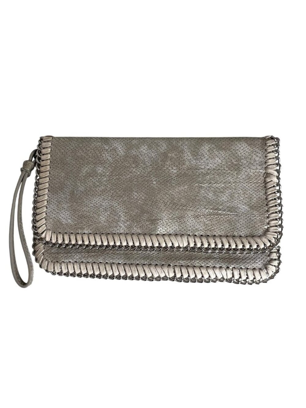 Inzi Silver Metallic Faux Snakeskin Clutch With Chain Trim & Wristlet